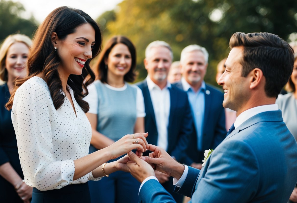 A woman presents a ring to a man, both smiling, surrounded by supportive onlookers