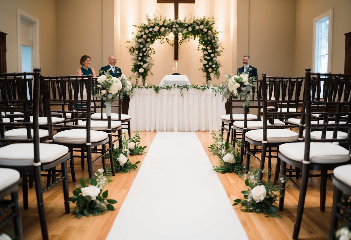 A wedding rehearsal: a flower-adorned altar, a white aisle runner, and a gathering of chairs arranged in neat rows