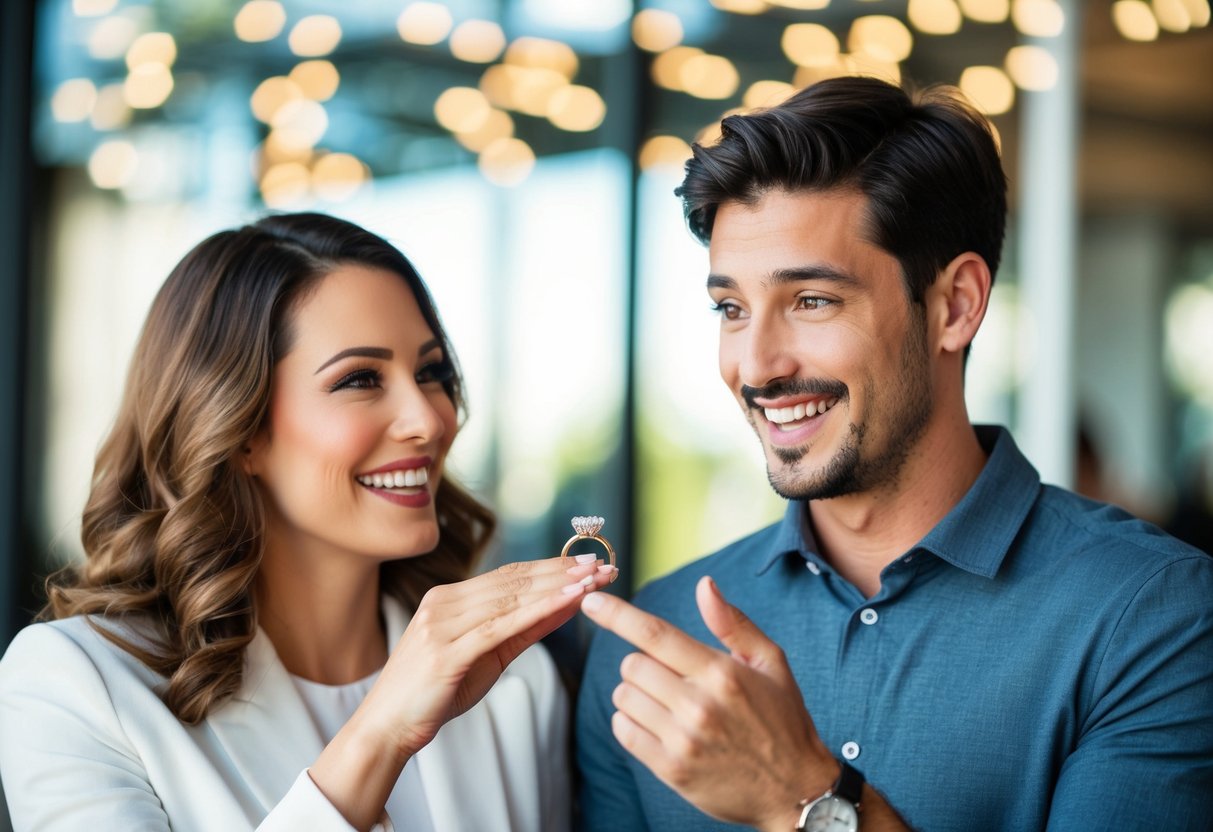 A woman presents a ring to a man, both smiling. She holds out the ring while he looks surprised yet happy