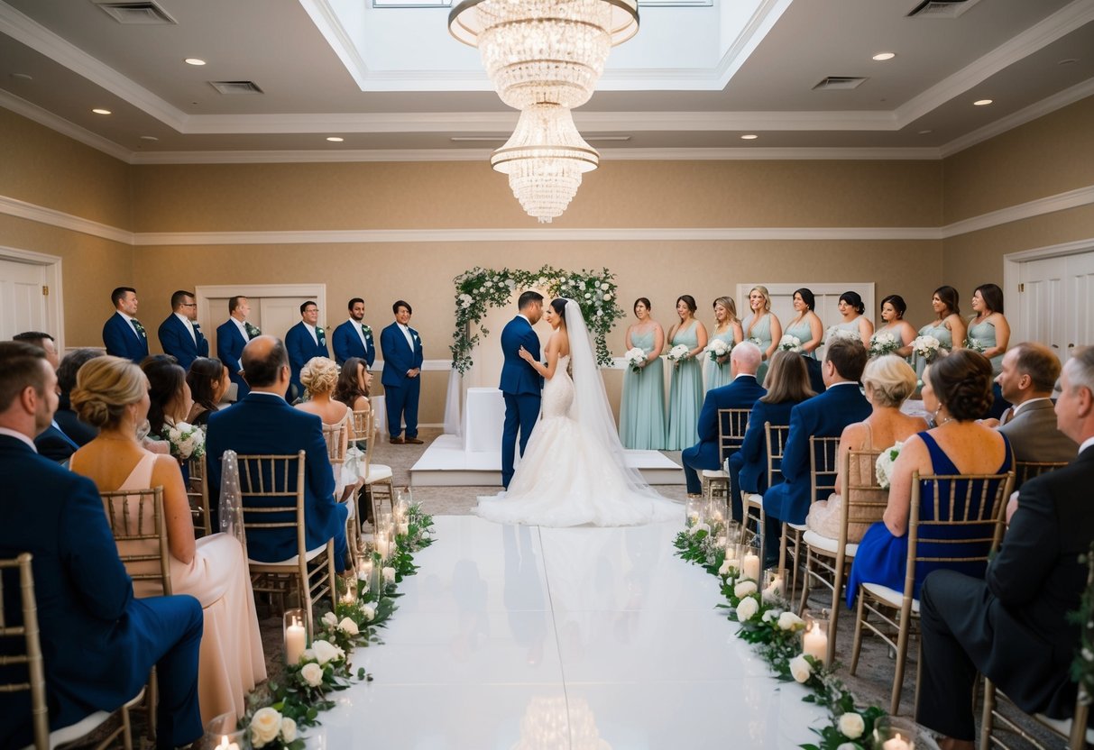 A wedding rehearsal takes place in a decorated venue with a stage or altar, seating for guests, and a designated area for the bridal party to practice their procession and ceremony