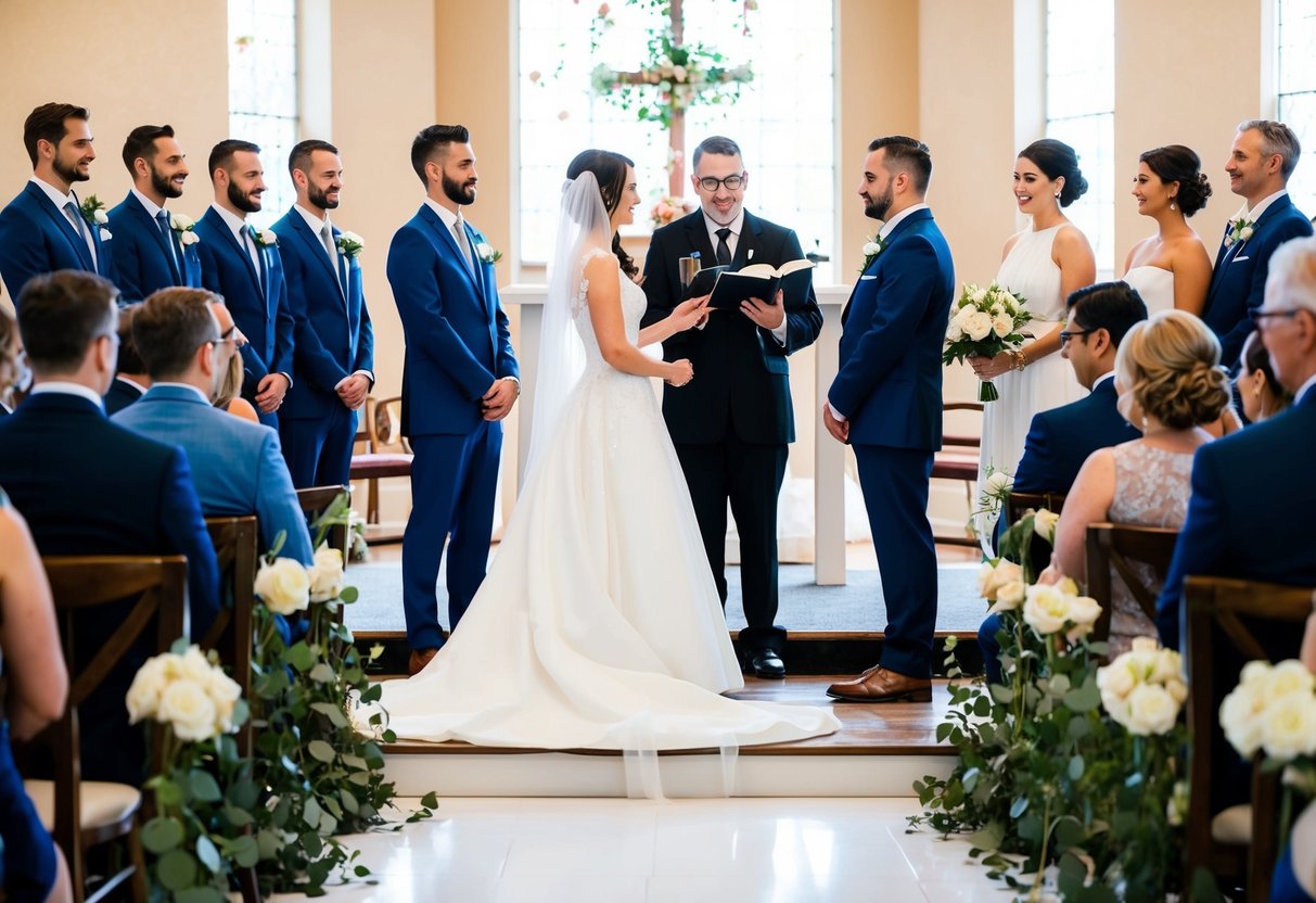 A bride and groom stand at the altar, surrounded by their wedding party. The officiant directs them through the ceremony, as guests watch from their seats
