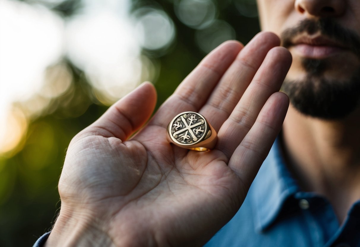 A man's hand holding a signet ring with intricate designs and symbols