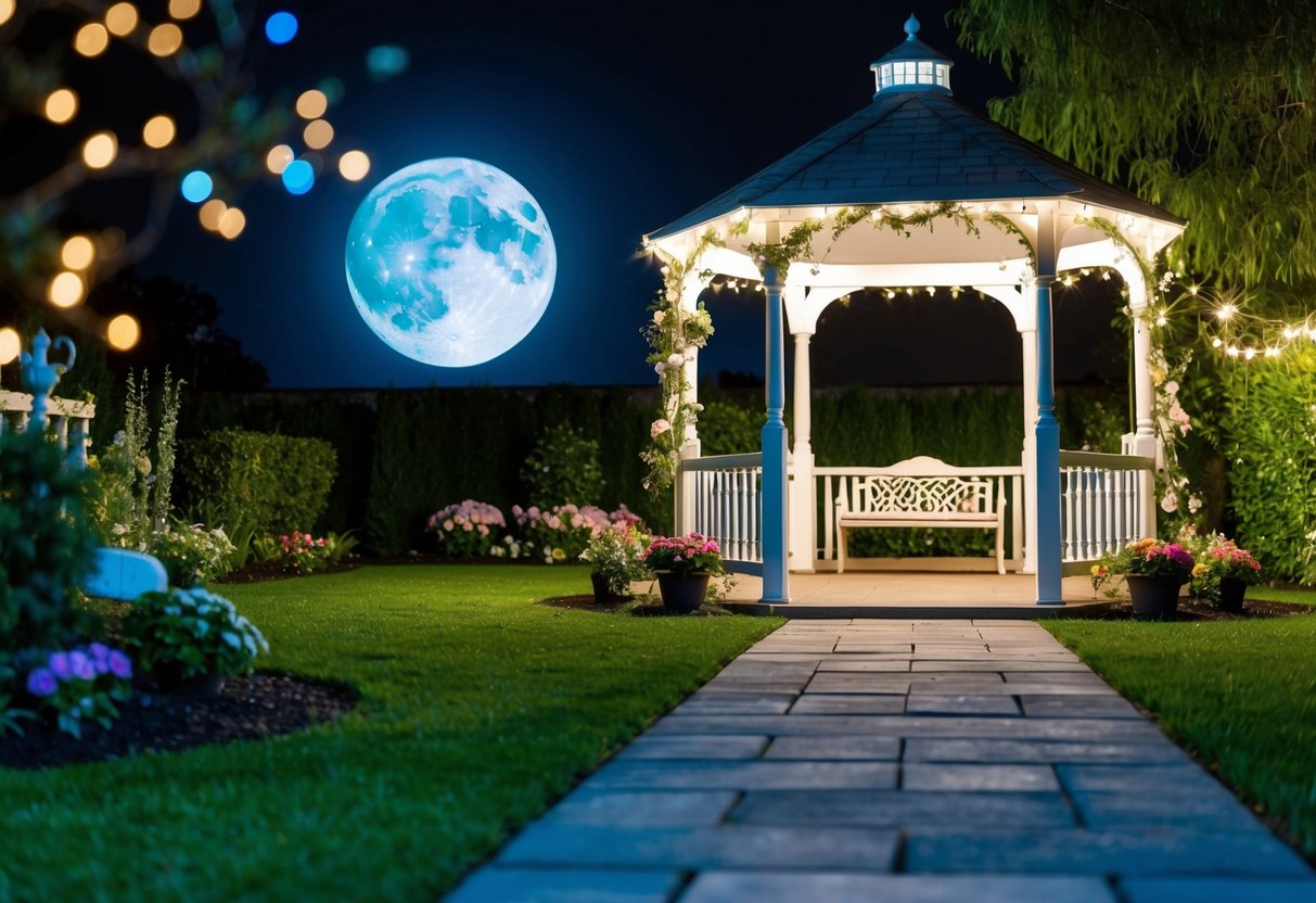 A moonlit garden with a pathway leading to a gazebo adorned with flowers and twinkling lights