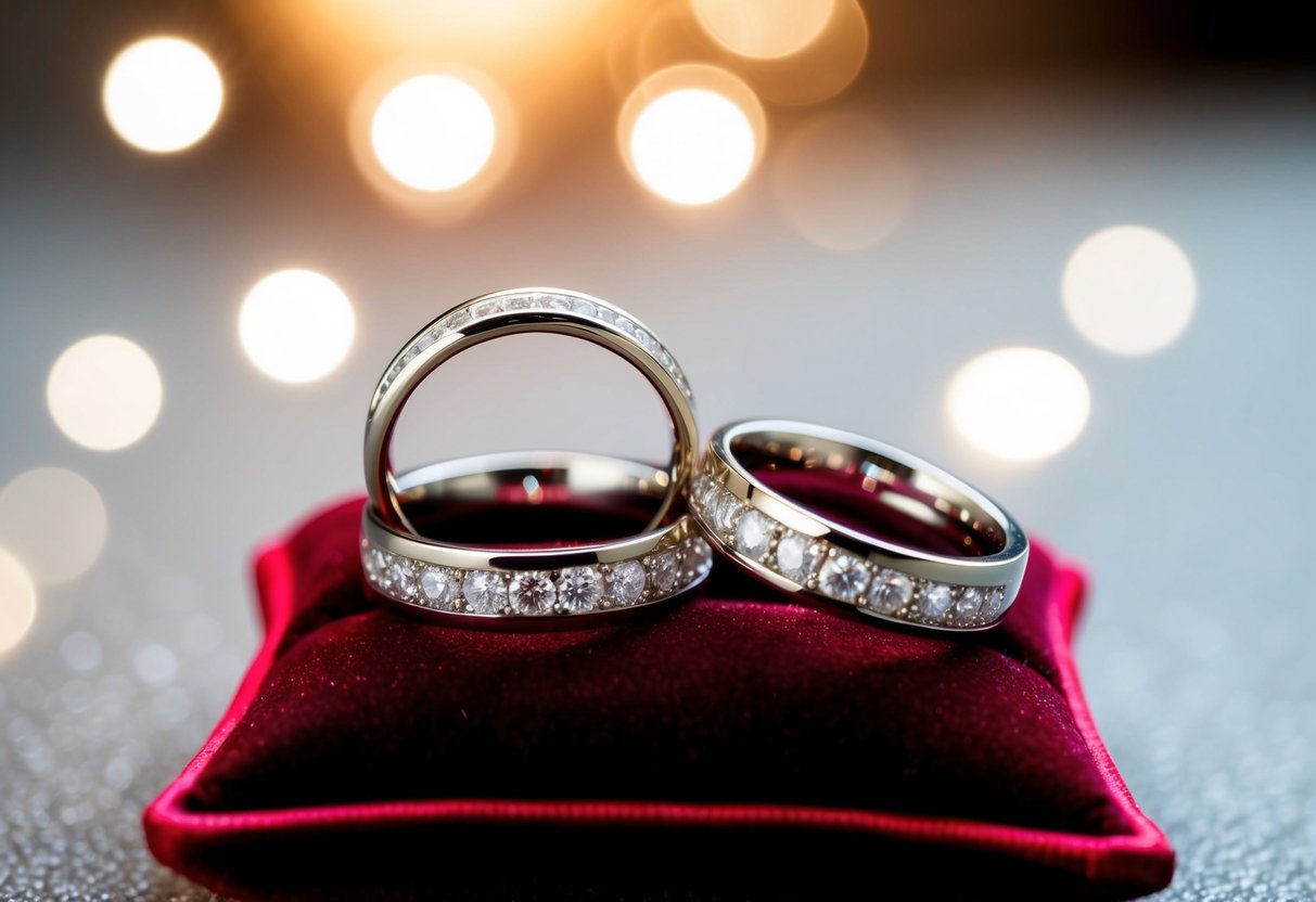 Two wedding rings placed on a velvet cushion, one slightly larger than the other, with a soft light illuminating them from above