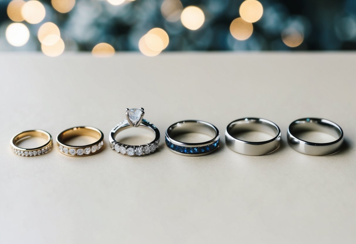 A hand-drawn illustration of various rings arranged in a line, showcasing different styles and designs. The rings are positioned in a specific order, reflecting the tradition of wearing wedding and engagement rings