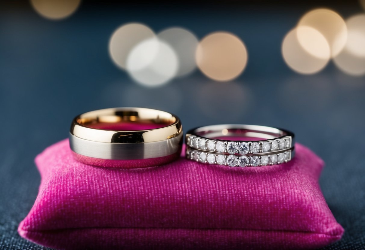Two wedding rings placed on a velvet cushion, one with a simple band and the other adorned with diamonds, arranged side by side