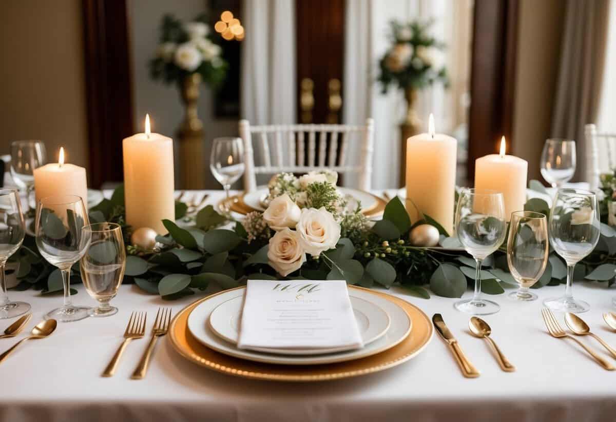 A table set for a rehearsal dinner with place settings, candles, and elegant decor