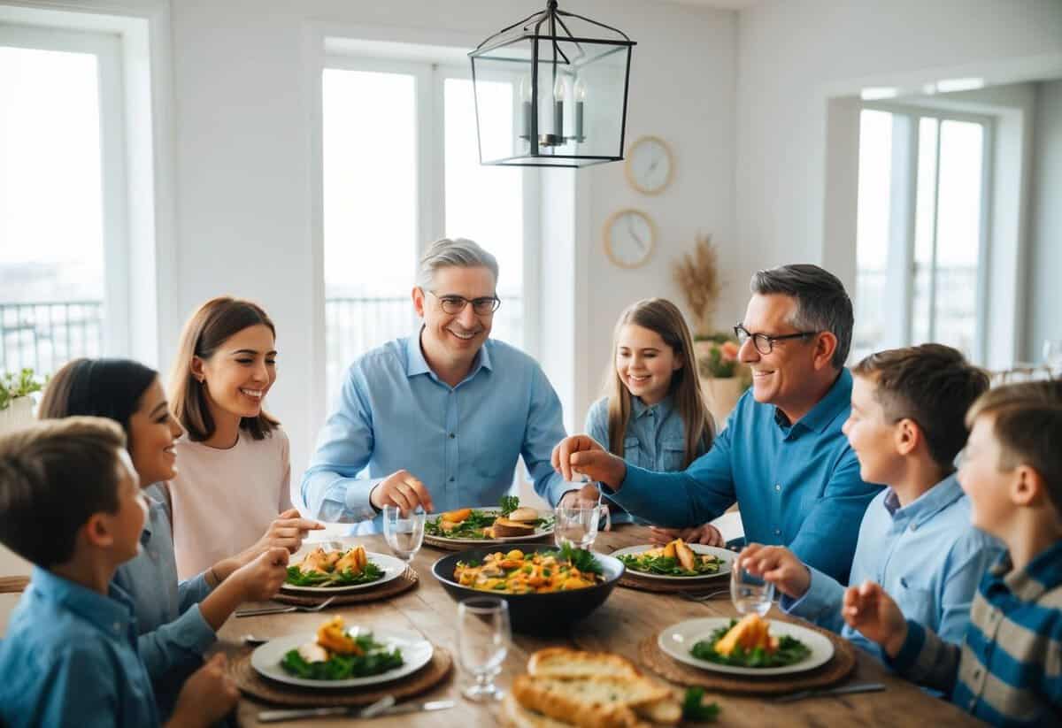 A family gathering around a table with a meal, one person appearing to be the host or organizer, while others are engaged in conversation and laughter