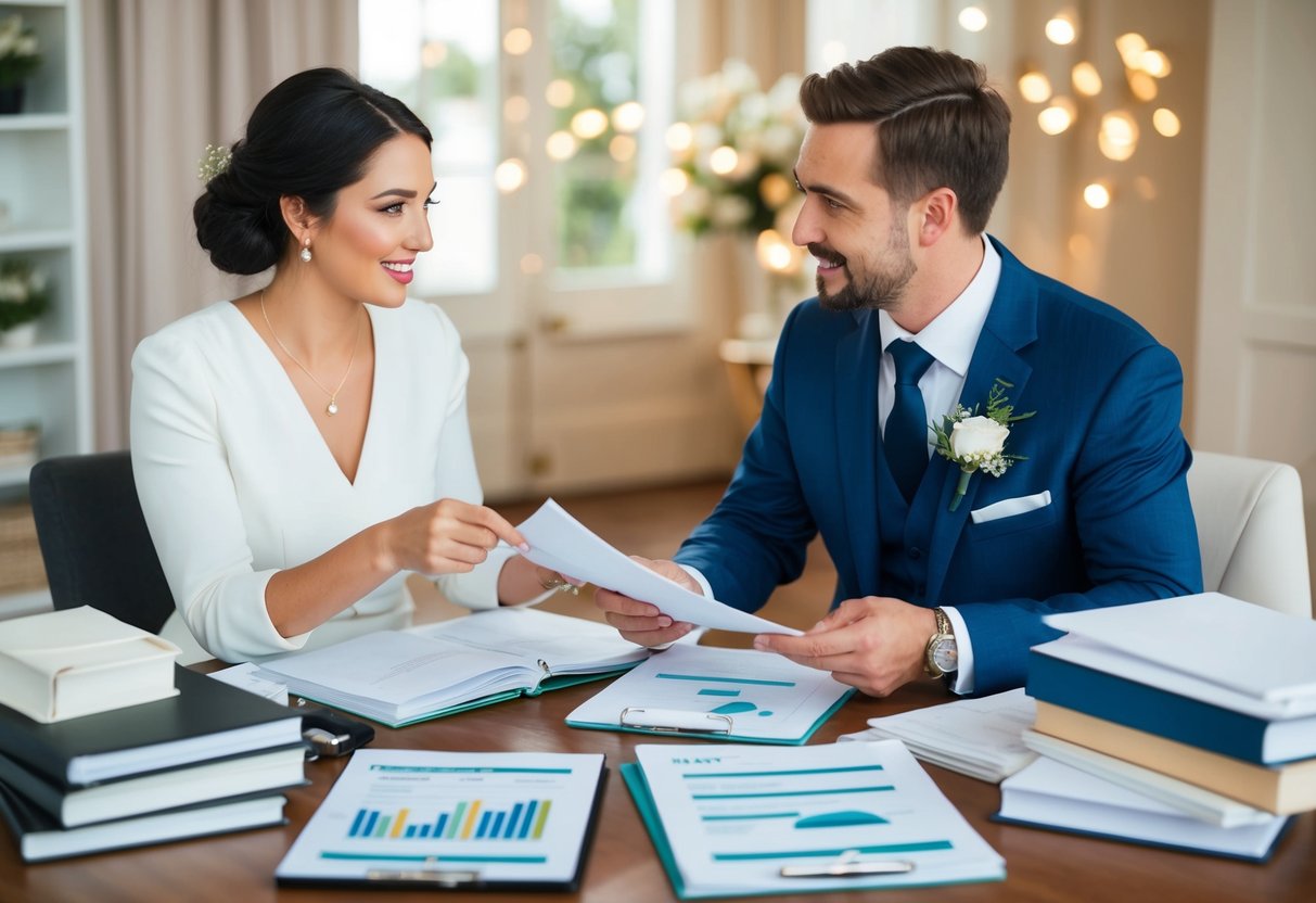A couple sits at a table, surrounded by wedding planning books and budget spreadsheets. They receive a formal invitation to a rehearsal dinner and discuss whether it's rude to decline