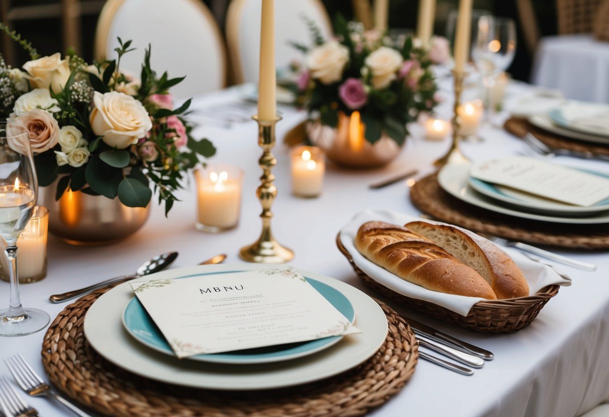 A table set with elegant place settings, floral centerpieces, and candles. A stack of personalized menus and a basket of bread