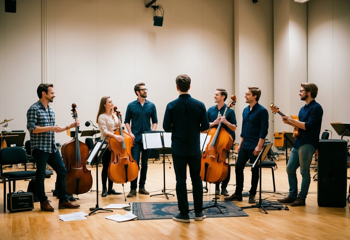 A group of musicians in casual attire gather in a spacious, well-lit rehearsal studio with instruments and sheet music scattered around