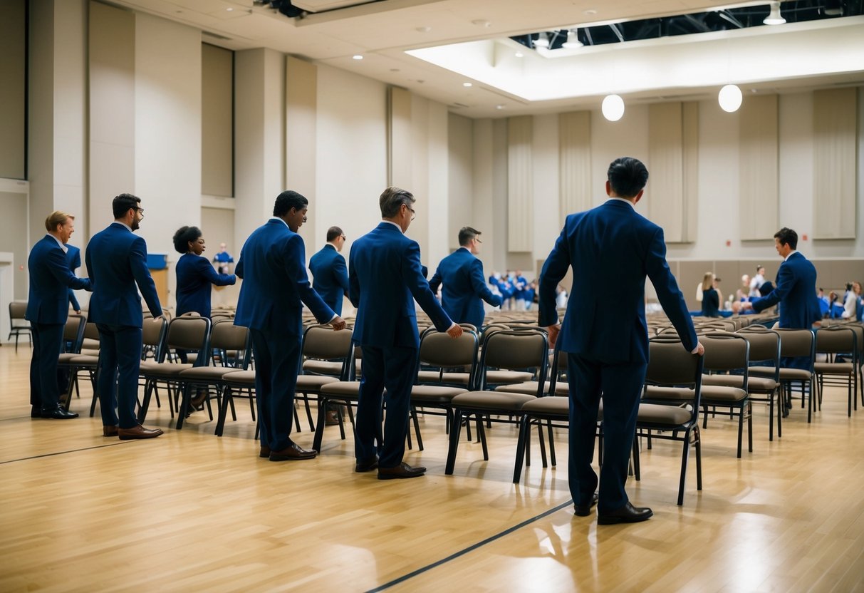 Ushers gather in a spacious, well-lit rehearsal hall, arranging chairs and preparing for an event