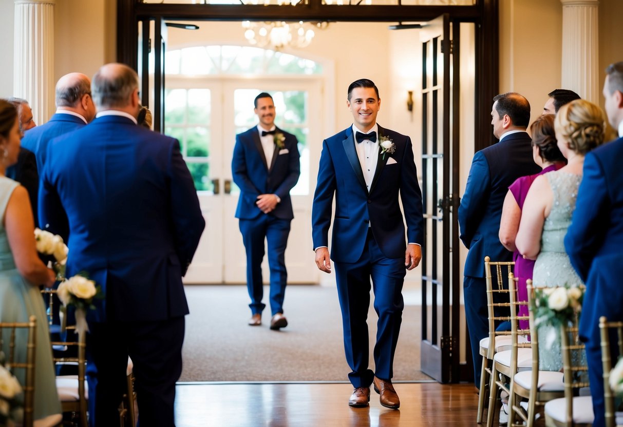 An usher stands at the entrance of a wedding venue, greeting and guiding guests with a warm smile