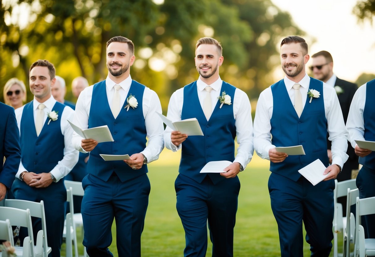 Four ushers stand in a row, holding out programs and guiding guests to their seats at a wedding ceremony