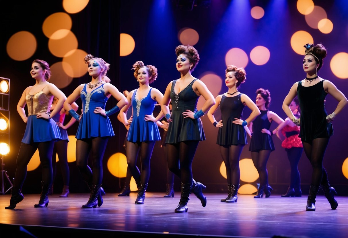 A group of performers in costume and makeup practicing on stage with props and lighting for an upcoming performance