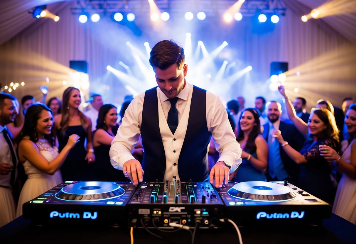 A wedding DJ stands behind a booth, surrounded by flashing lights and a dancing crowd. The DJ adjusts the sound system, creating a lively atmosphere
