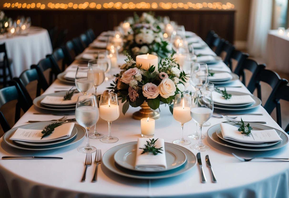A stylish table set for a rehearsal dinner, with elegant place settings, floral centerpieces, and soft candlelight creating a warm and inviting ambiance