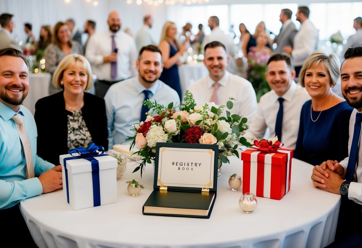 A table with gifts, flowers, and a registry book, surrounded by happy guests at a wedding reception