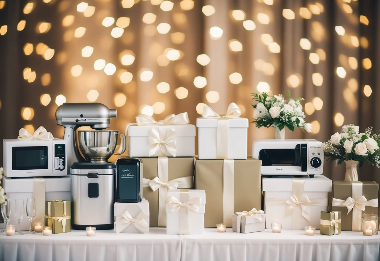 A beautifully decorated table with wedding gifts, ranging from kitchen appliances to luxurious linens, arranged neatly and ready for the happy couple