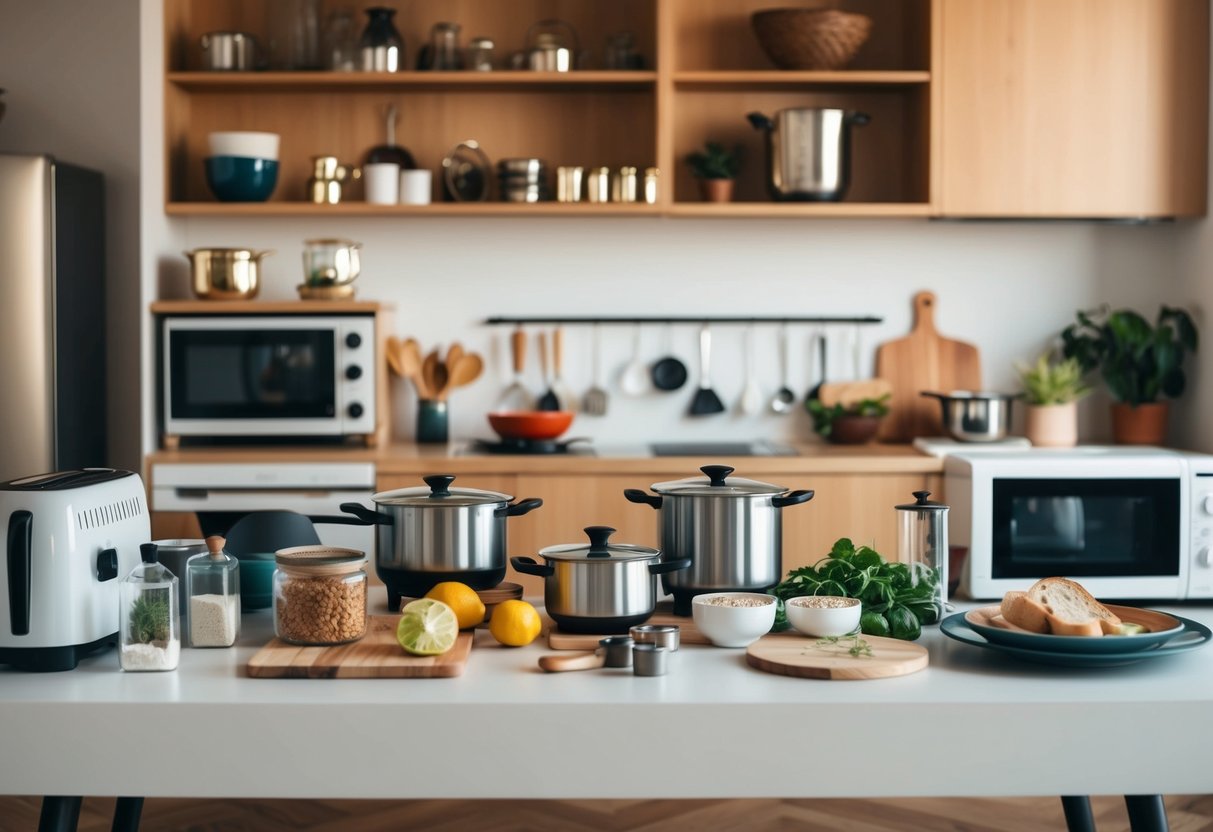 A table with a variety of kitchenware, home decor, and appliances displayed