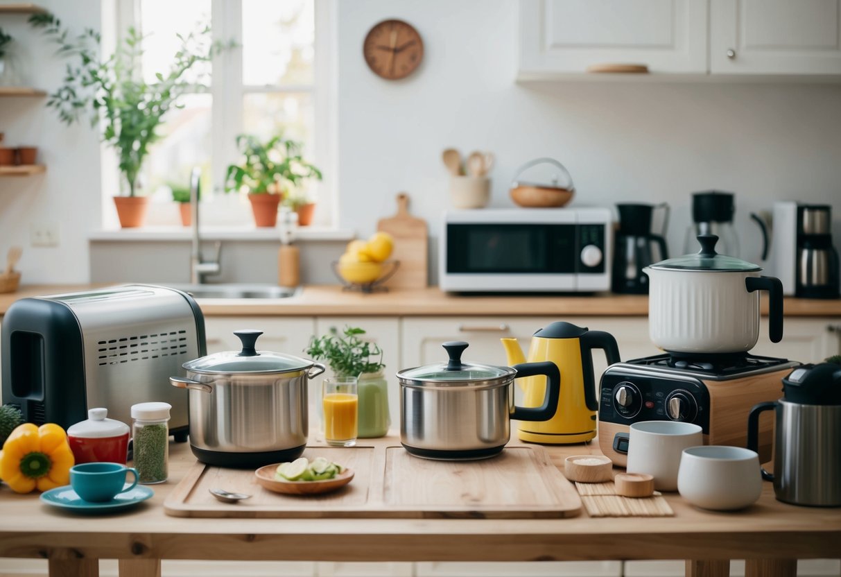 A table with various household items, such as kitchenware, appliances, and decor, displayed in an organized and appealing manner