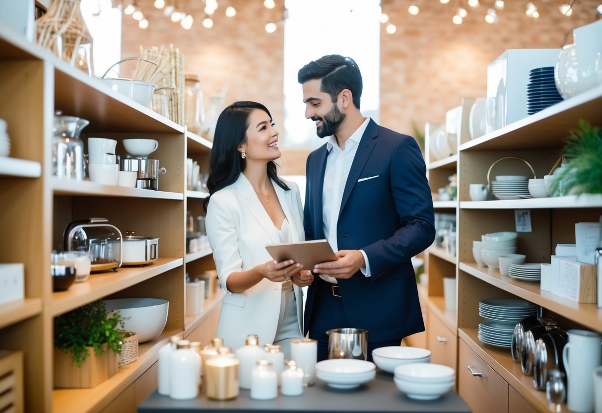 A couple browsing through a variety of gift options, from kitchenware to home decor, while discussing their wedding registry budget