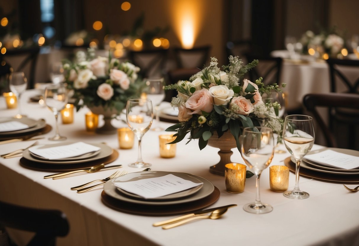 A table set with elegant place settings and floral centerpieces. A cozy, intimate setting with soft lighting and a warm ambiance