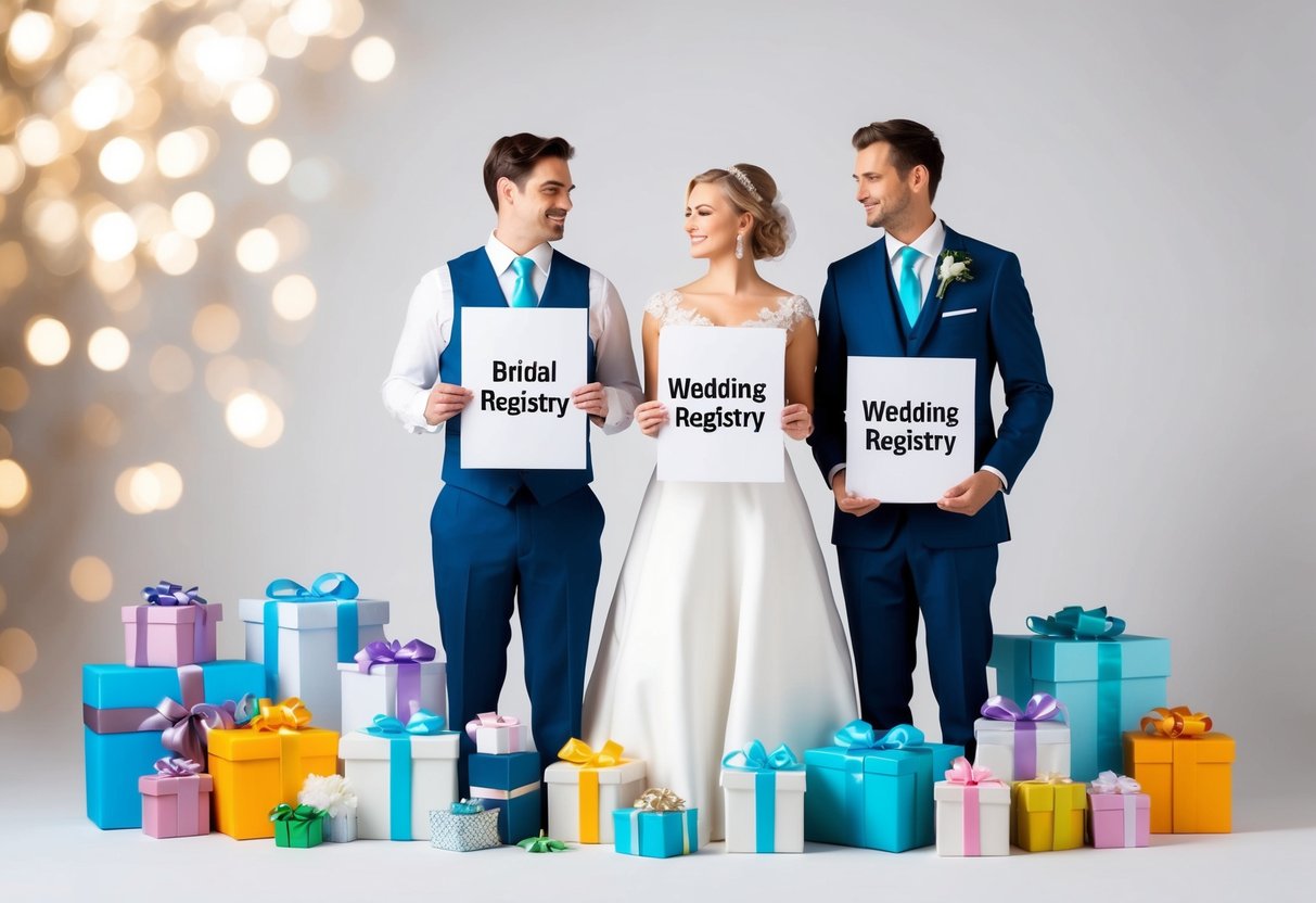 A bride and groom stand side by side, surrounded by gifts and household items. The bride holds a list labeled "bridal registry" while the groom holds a list labeled "wedding registry."