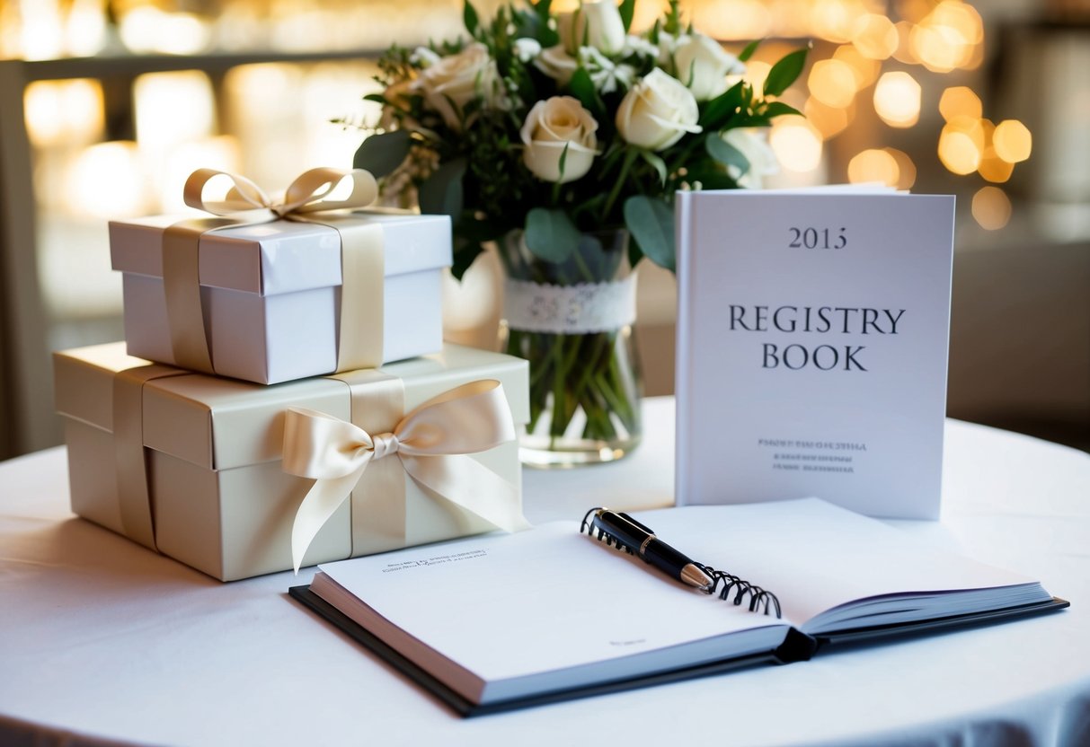 A table with wedding gifts, a pen, and a registry book on display