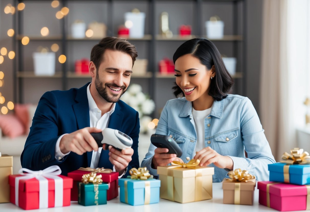 A couple sits at a table, surrounded by gifts and scanning items with a barcode scanner. They appear happy and excited as they plan their post-wedding registry