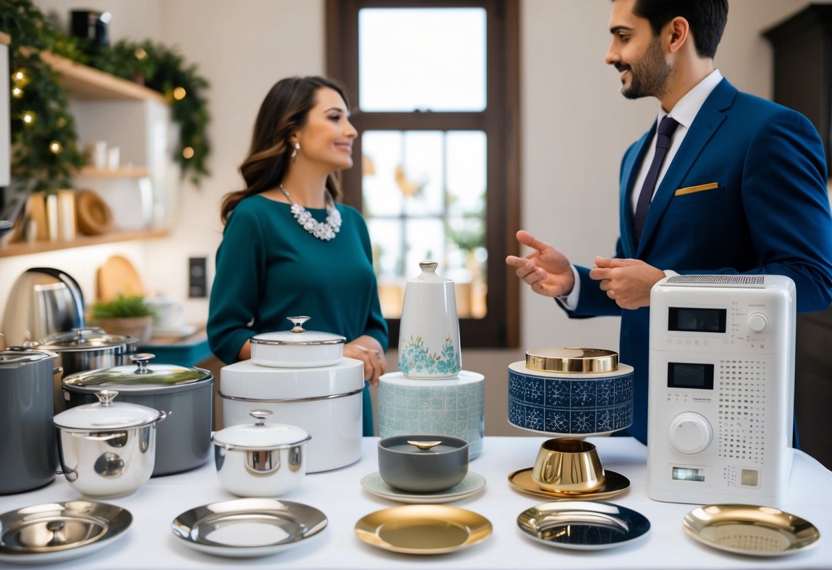 A table with various gift categories - kitchenware, home decor, and electronics. A couple discussing registry options with a consultant