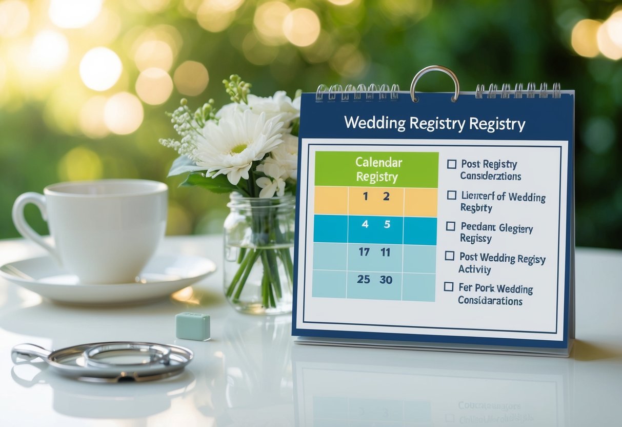 A wedding registry website with a calendar showing the duration of registry activity and a checklist of post-wedding considerations