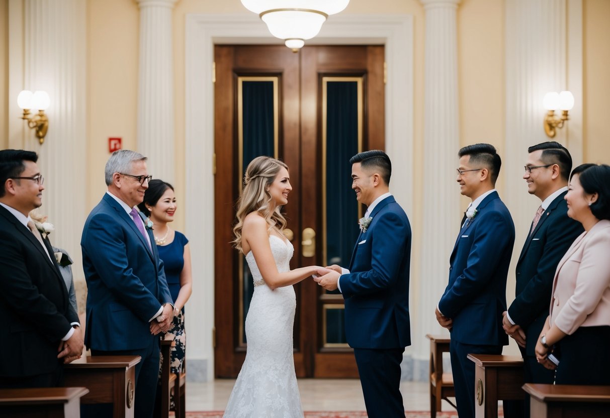 A couple stands before a government official exchanging vows with witnesses present