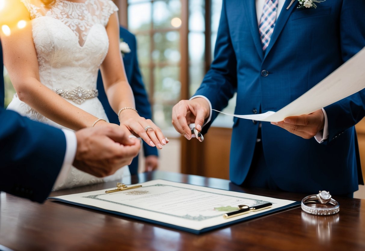 A couple stands before a government official, exchanging rings. The official holds a marriage certificate and pen, ready to register the marriage