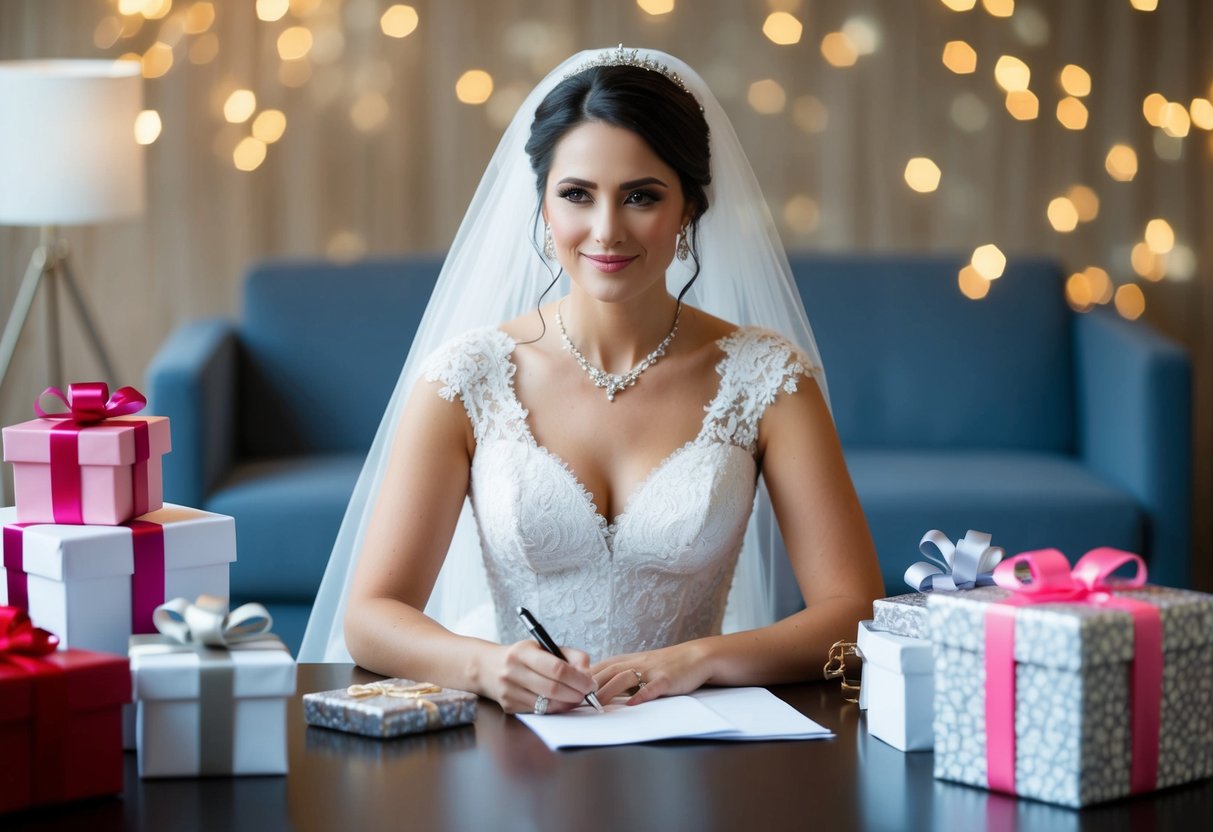A bride sits at a table with a pen and paper, surrounded by gift options and contemplating when to register