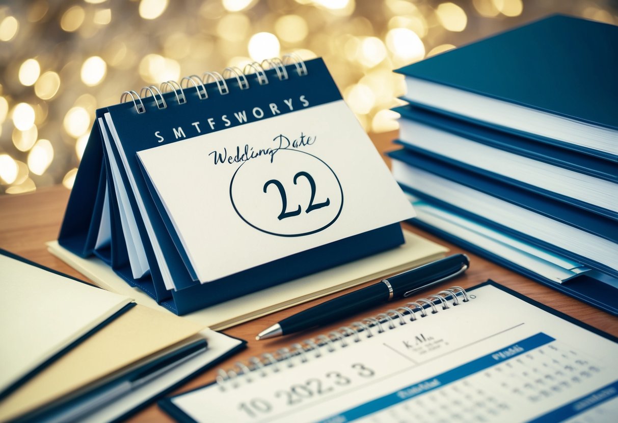 A calendar with a wedding date circled, surrounded by a stack of paperwork and a pen