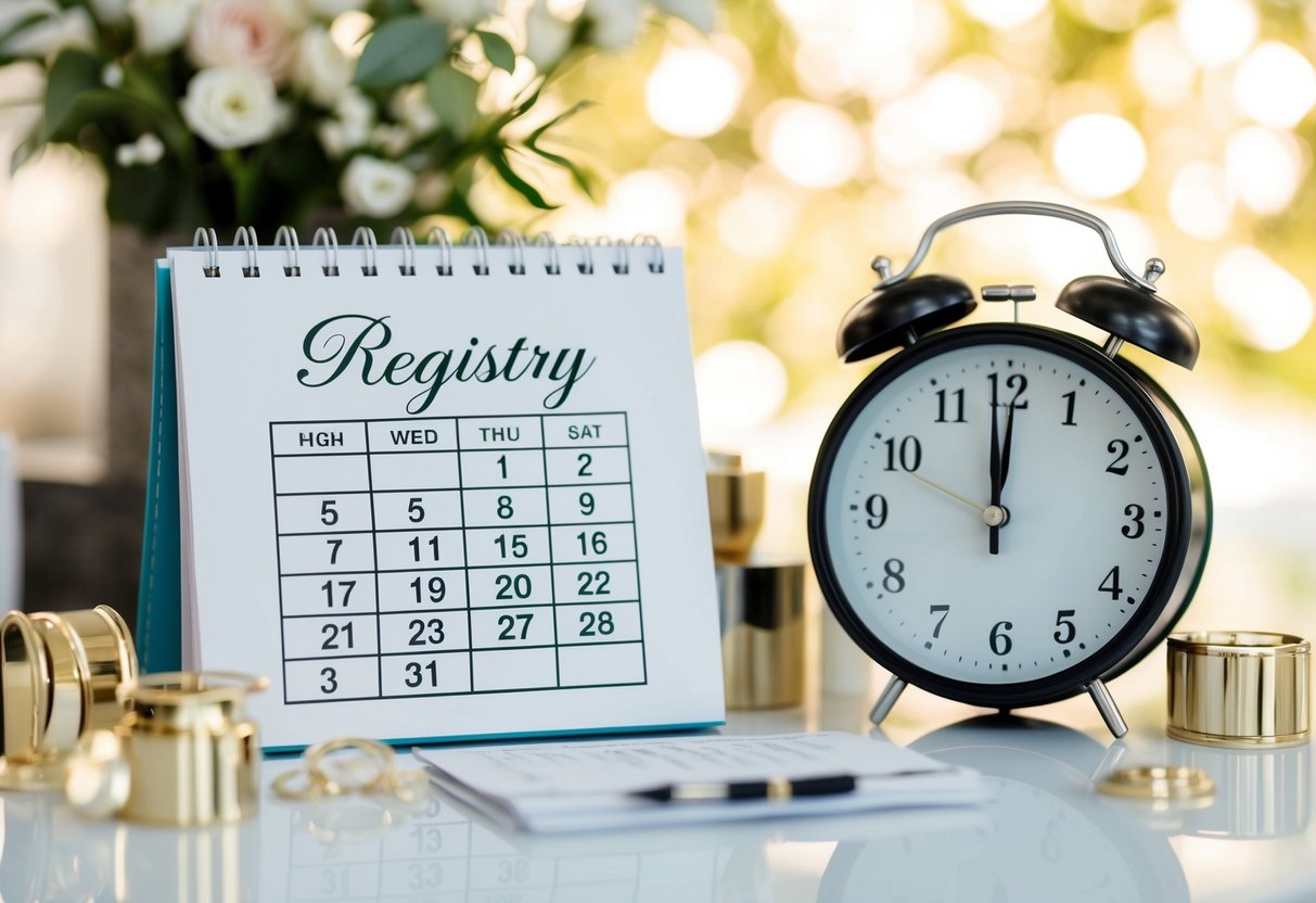 A calendar with wedding date circled, surrounded by registry items and a countdown clock