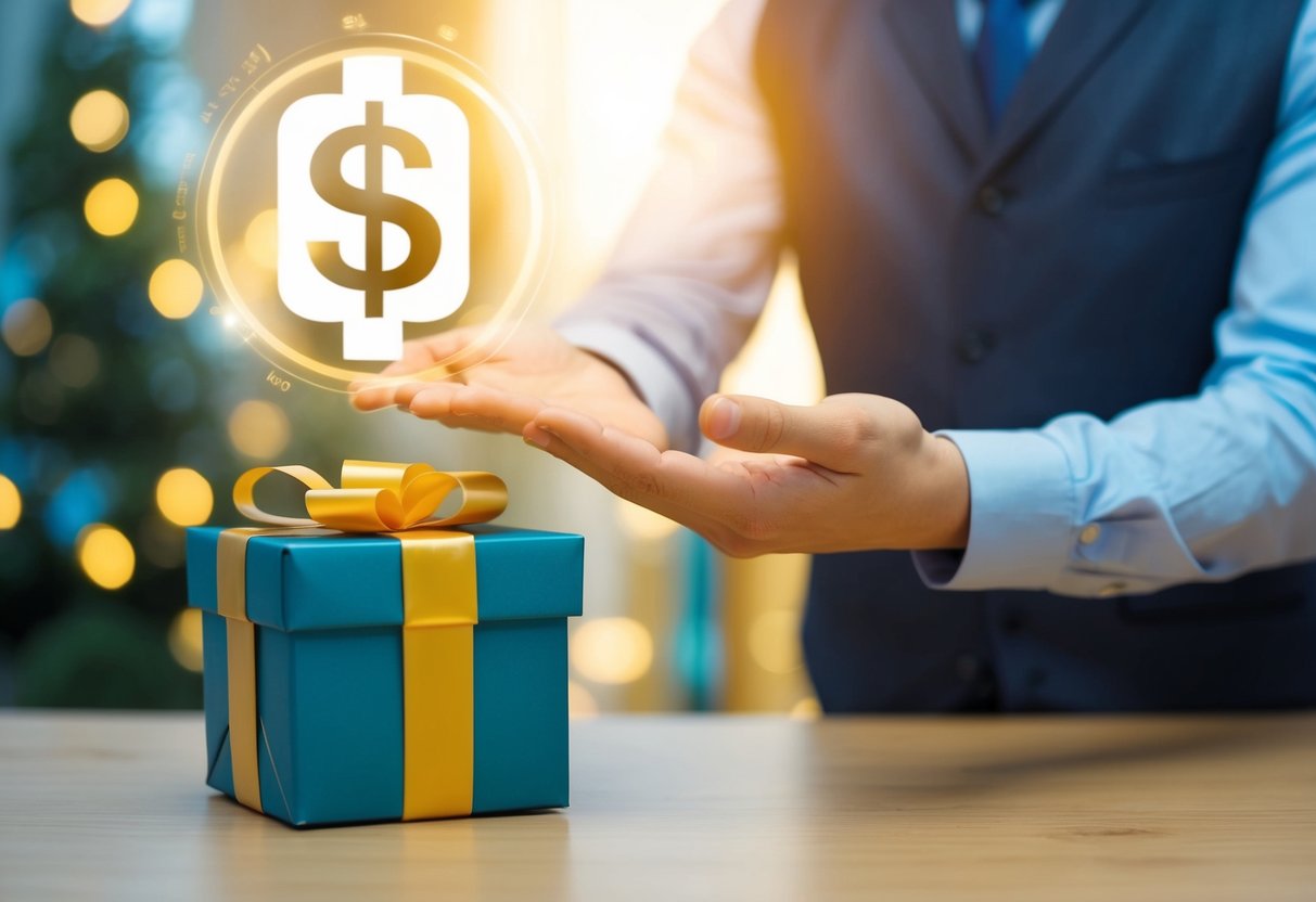 A person holding out a hand while standing next to a gift box, with a money symbol above their head