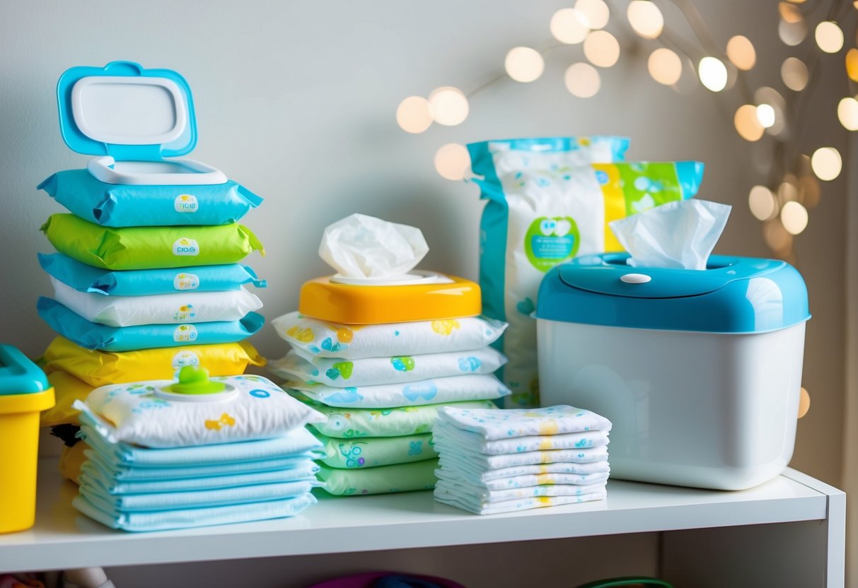 A colorful array of baby gear including diapers, wipes, and diaper pail, arranged on a shelf or in a nursery setting