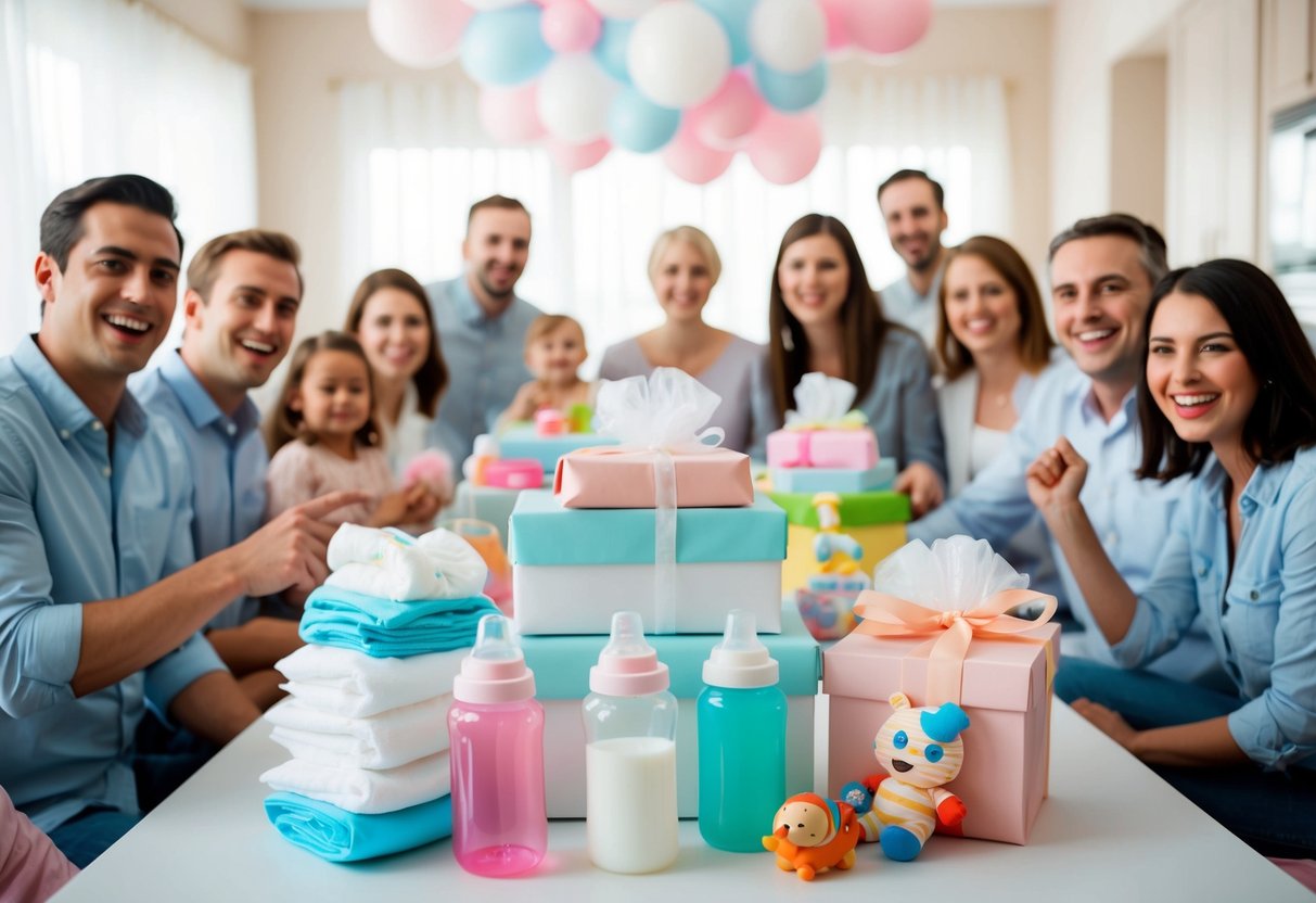 A table with baby shower gifts, including diapers, bottles, and toys, surrounded by excited friends and family