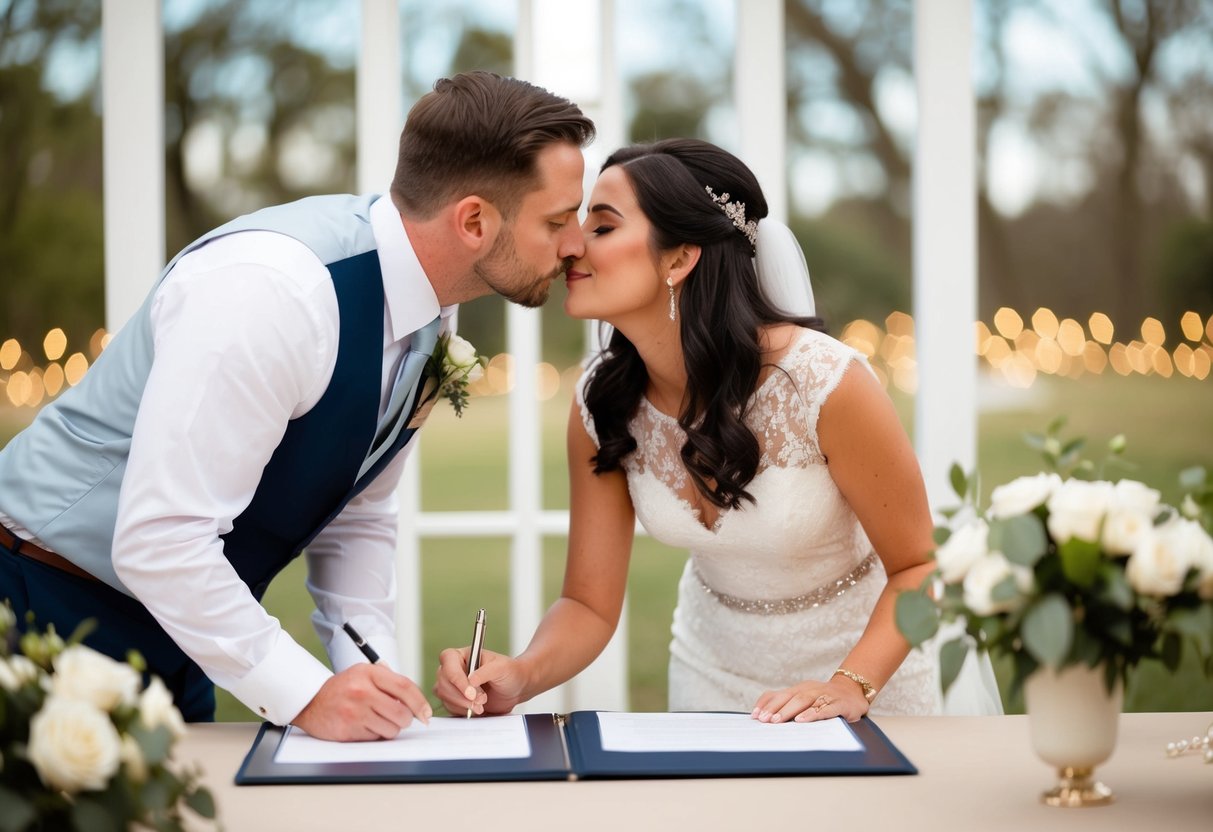 A couple stands before a wedding registry, one holding a pen while the other leans in for a kiss