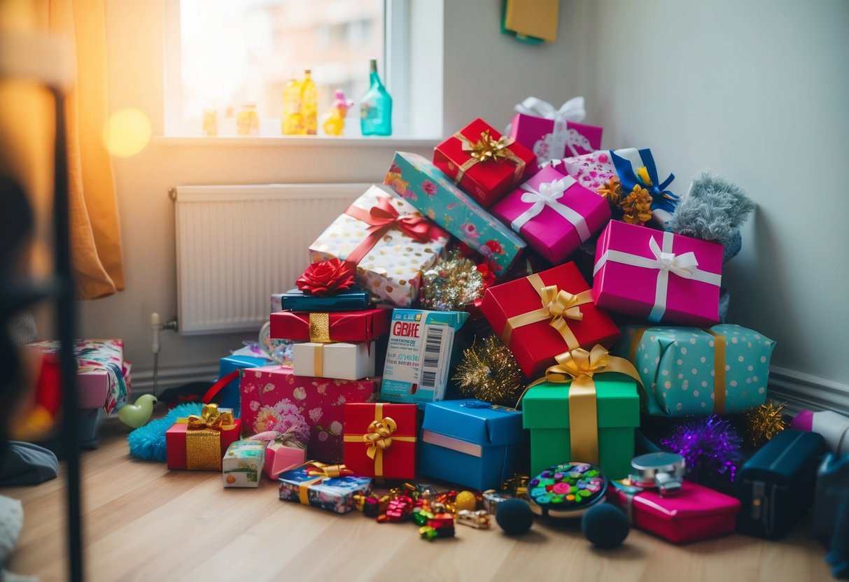 A pile of unwanted wedding gifts, including tacky decor, duplicate items, and impractical gadgets, sits in the corner of a cluttered room