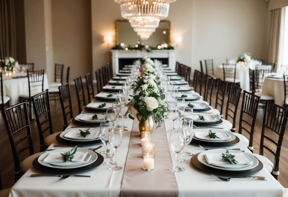 A long table set with elegant place settings and surrounded by chairs, with soft lighting and a relaxed atmosphere