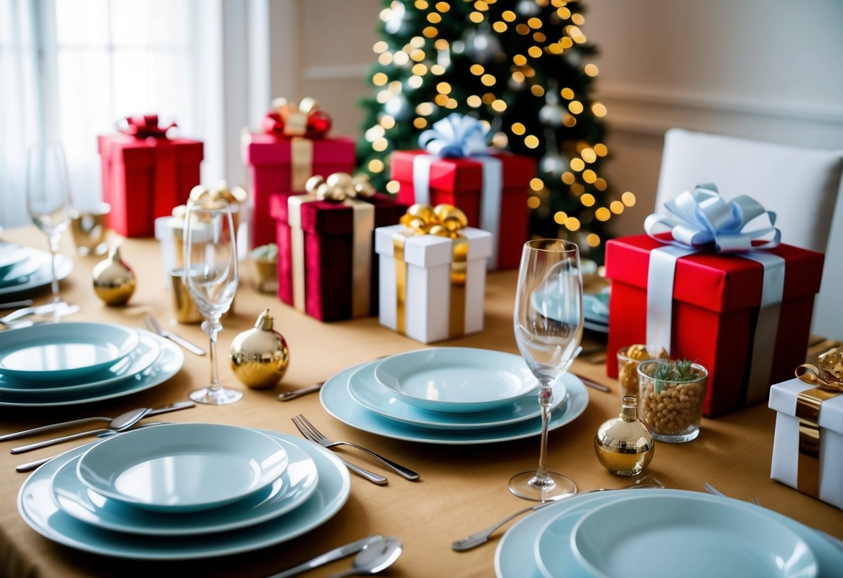 A beautifully set table with elegant dinnerware, glassware, and cutlery arranged neatly, surrounded by gifts of various sizes and shapes