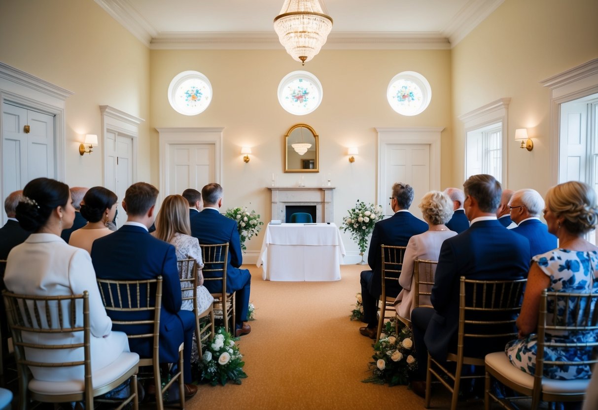 A small, elegant registry office with a simple ceremony area and seating for a handful of guests