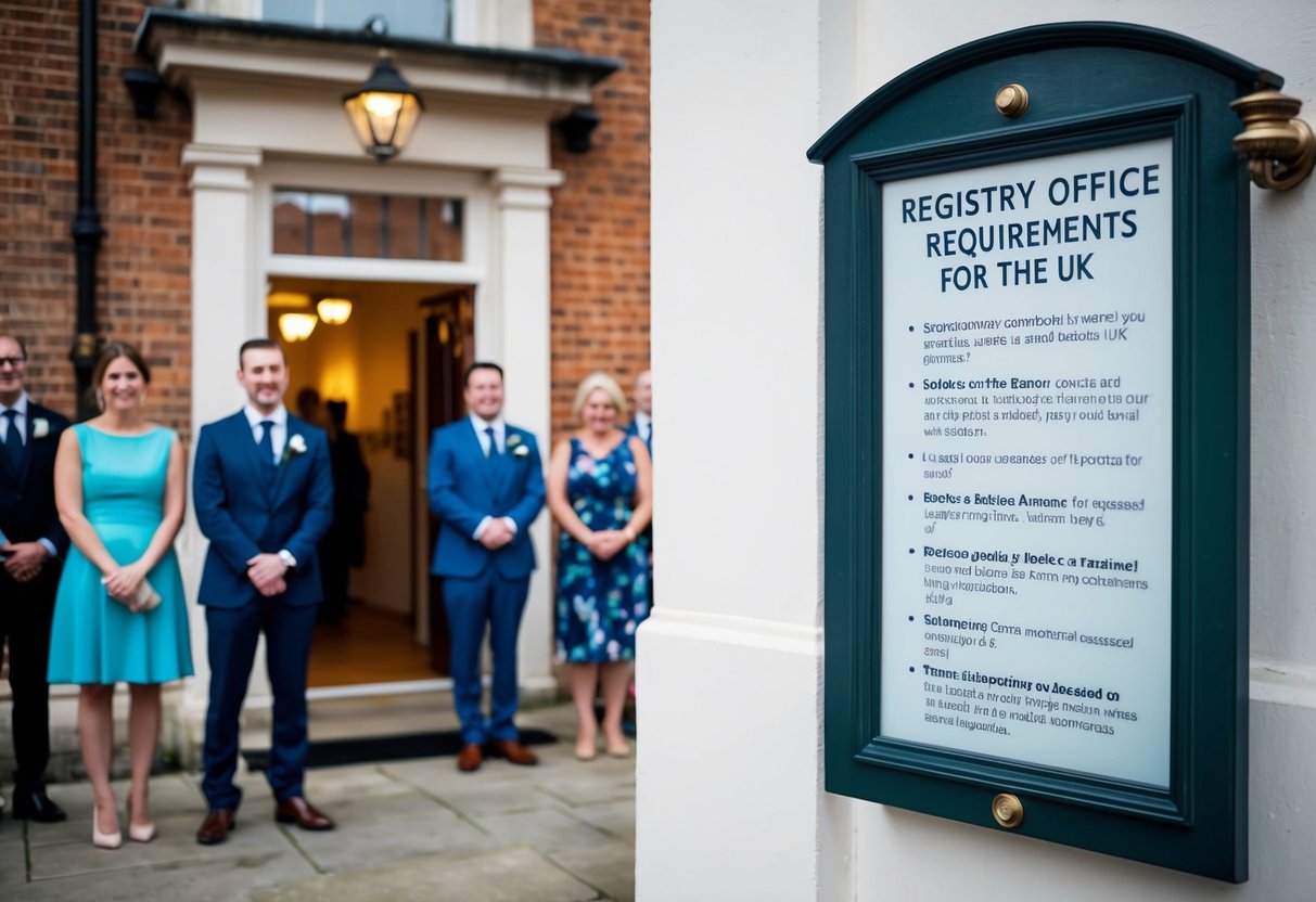 A registry office with a sign displaying the legal requirements for weddings in the UK. A small group of guests waiting outside