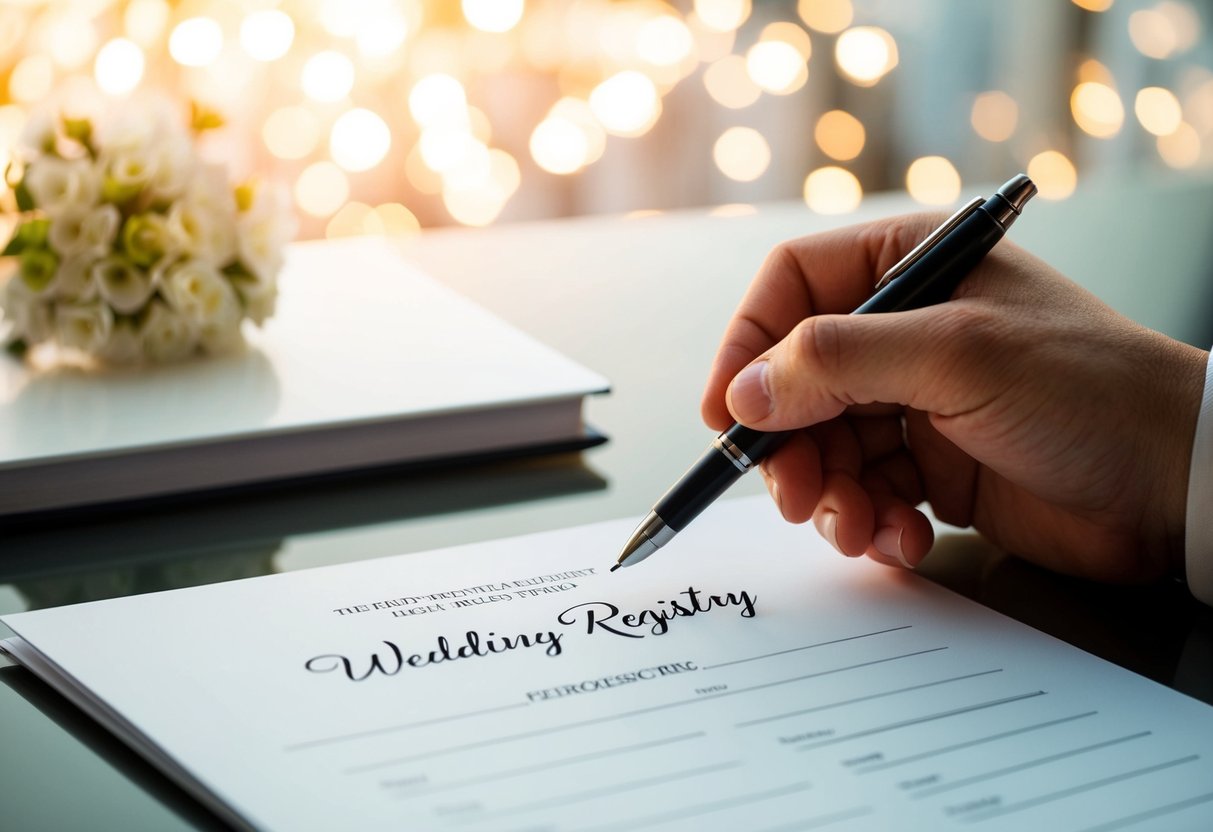 A pen hovers over a pristine wedding registry, ready to add the final signature