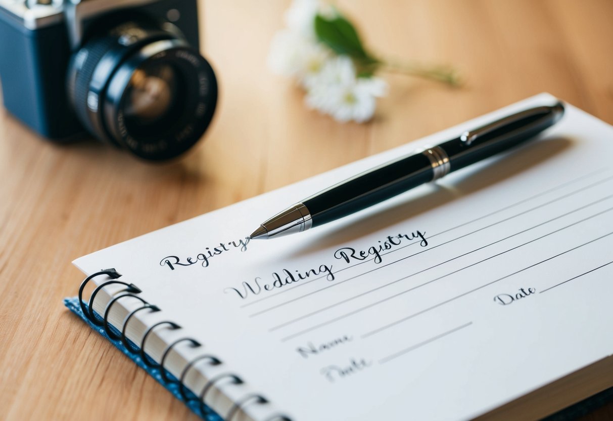 A pen resting on a wedding registry book, with a signature line and space for a name and date