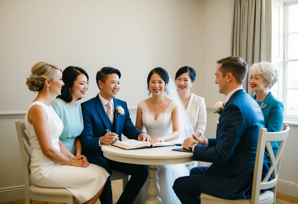 A couple sits at a small table with a registry book and pen, surrounded by a few close friends and family members. The room is simple and elegant, with soft lighting and neutral colors