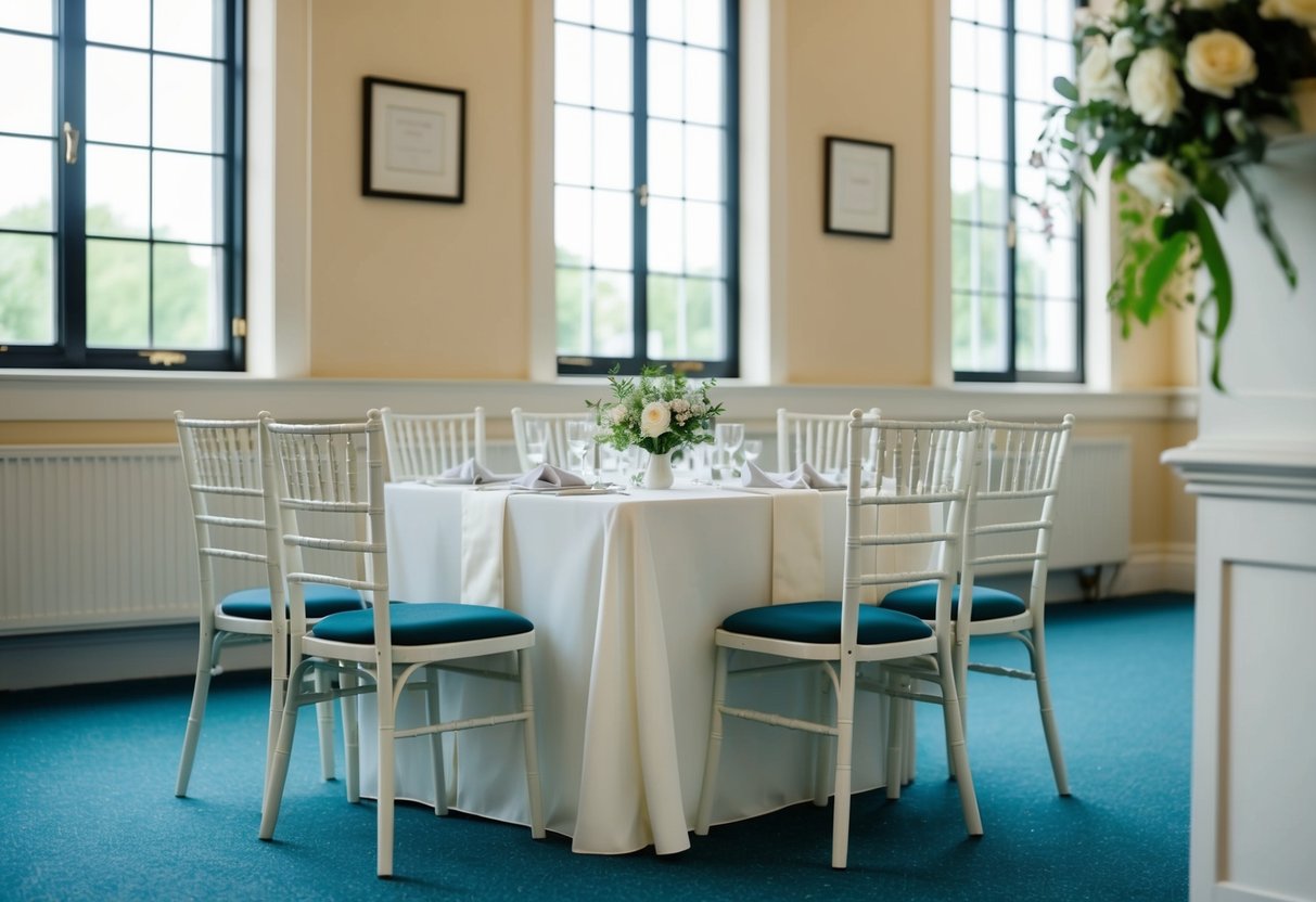 A simple and elegant wedding set up in a registry office with a table, chairs, and a small bouquet of flowers as decoration